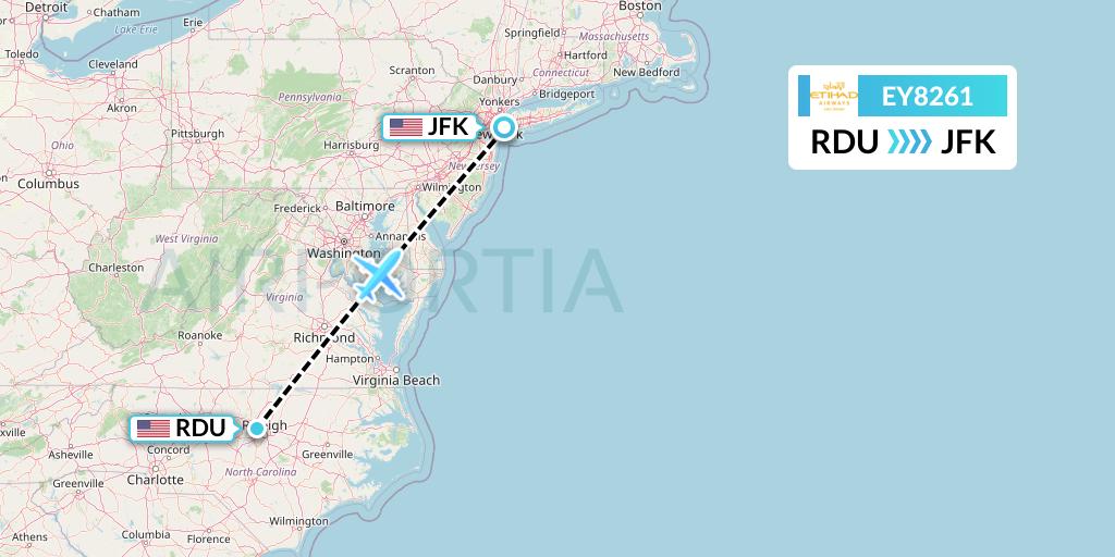 EY8261 Etihad Airways Flight Map: Raleigh-Durham to New York