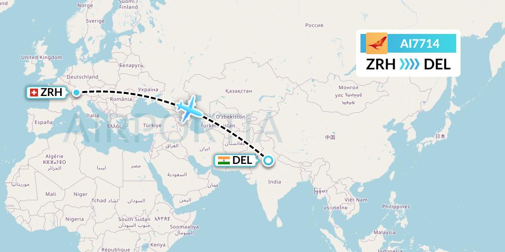 AI7714 Air India Flight Map: Zurich to Delhi
