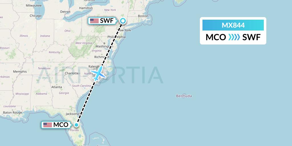 MX844 Breeze Airways Flight Map: Orlando to Newburgh