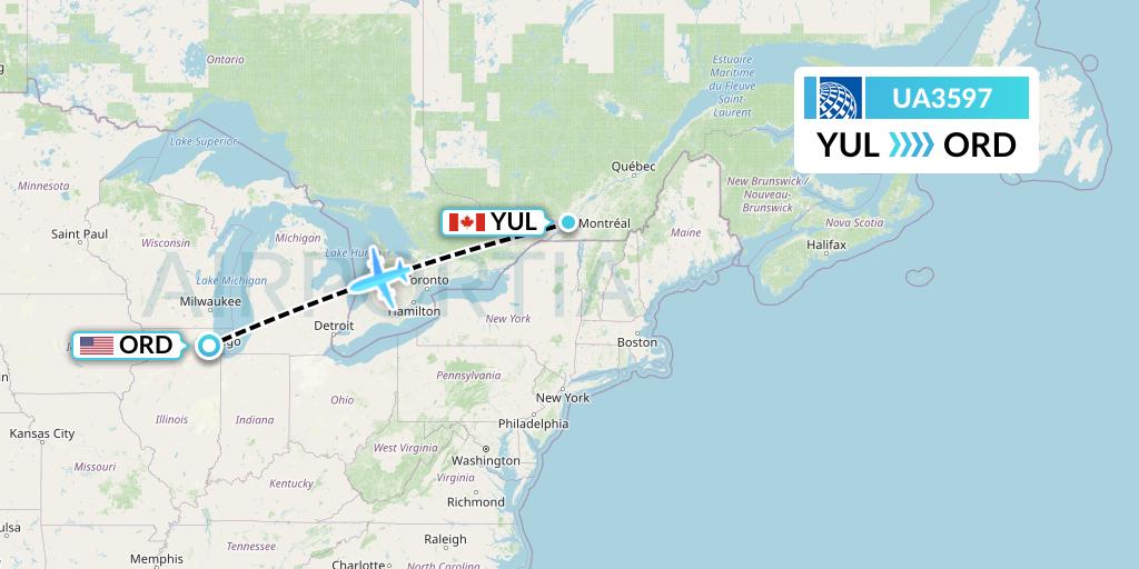 UA3597 United Airlines Flight Map: Montreal to Chicago