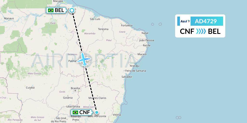 AD4729 Azul Brazilian Airlines Flight Map: Belo Horizonte to Belem