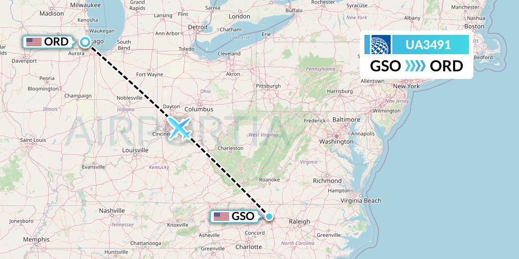 UA3491 United Airlines Flight Map: Greensboro to Chicago