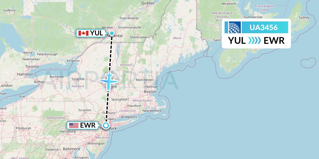 UA3456 United Airlines Flight Map: Montreal to New York