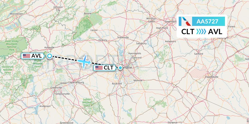 AA5727 American Airlines Flight Map: Charlotte to Asheville