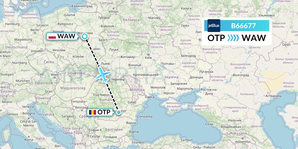 B66677 JetBlue Airways Flight Map: Bucharest to Warsaw