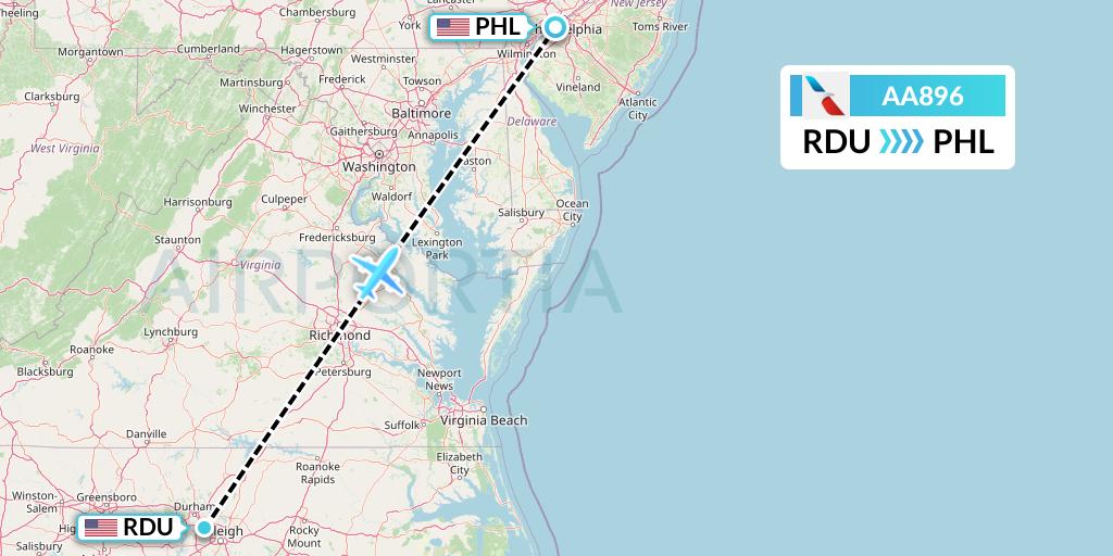 AA896 American Airlines Flight Map: Raleigh-Durham to Philadelphia