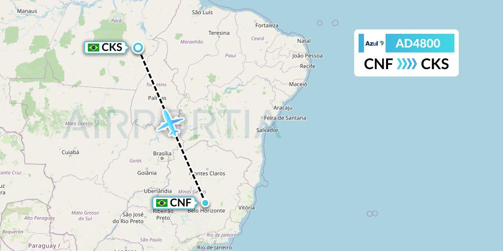 AD4800 Azul Brazilian Airlines Flight Map: Belo Horizonte to Carajas