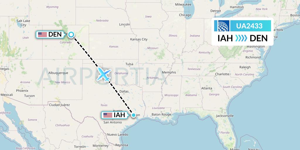 UA2433 United Airlines Flight Map: Houston to Denver