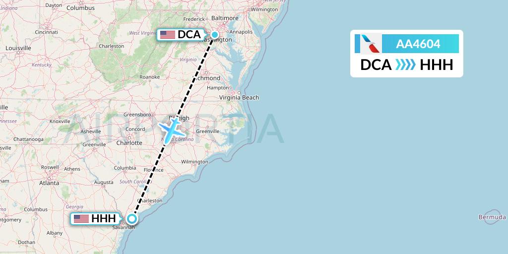 AA4604 American Airlines Flight Map: Washington to Hilton Head Island