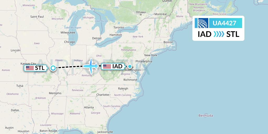 UA4427 United Airlines Flight Map: Washington to St. Louis
