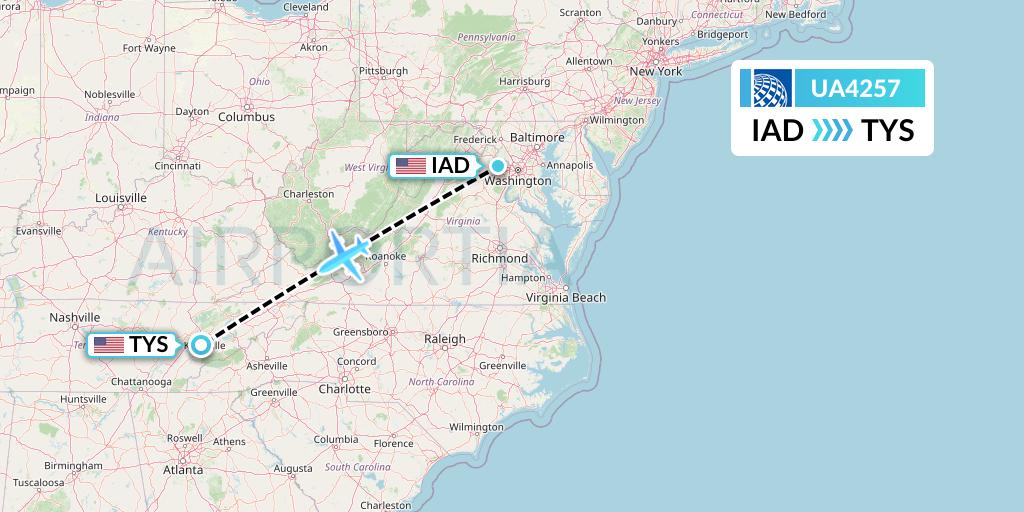 UA4257 United Airlines Flight Map: Washington to Knoxville