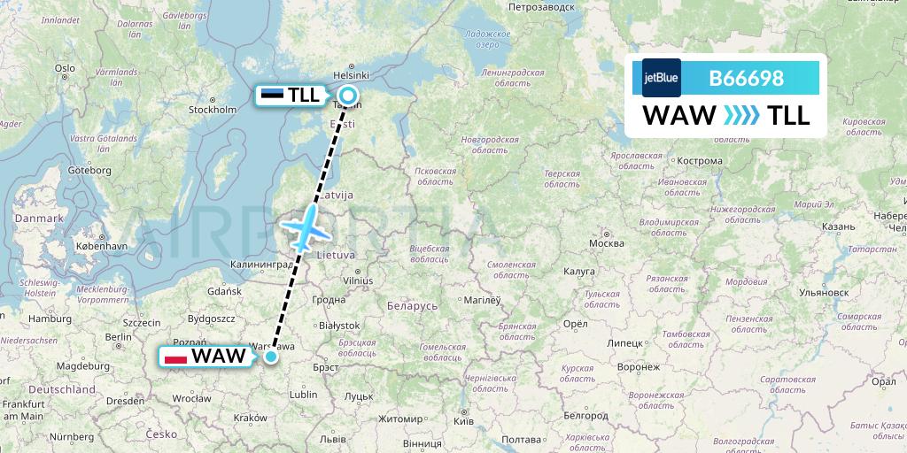 B66698 JetBlue Airways Flight Map: Warsaw to Tallinn