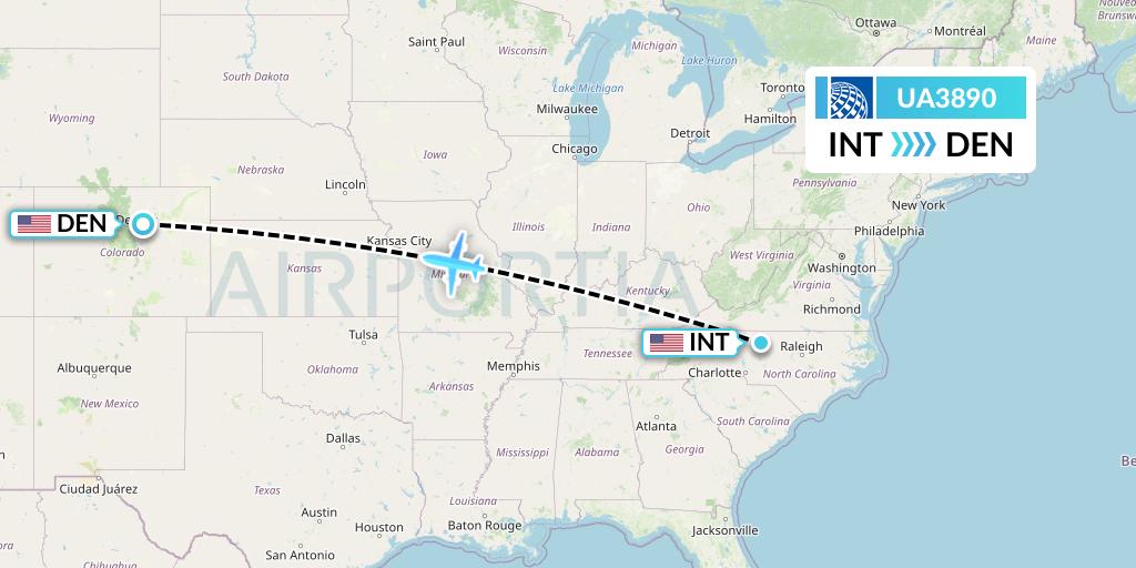 UA3890 United Airlines Flight Map: Winston-Salem to Denver