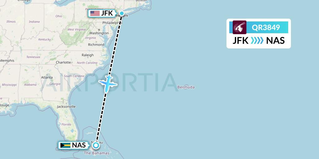QR3849 Qatar Airways Flight Map: New York to Nassau