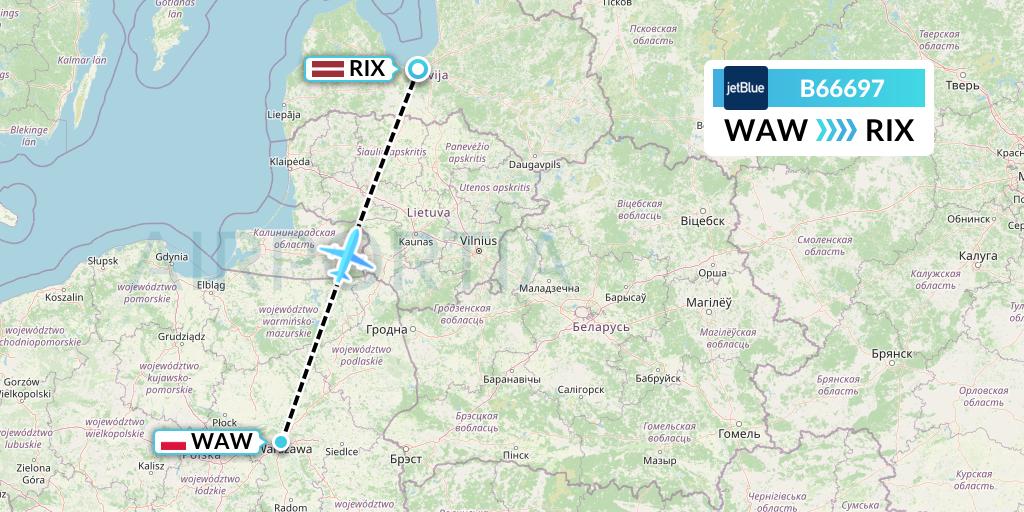 B66697 JetBlue Airways Flight Map: Warsaw to Riga