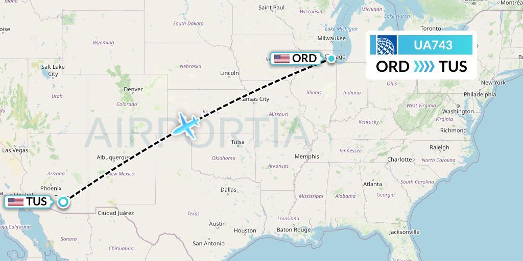 UA743 United Airlines Flight Map: Chicago to Tucson