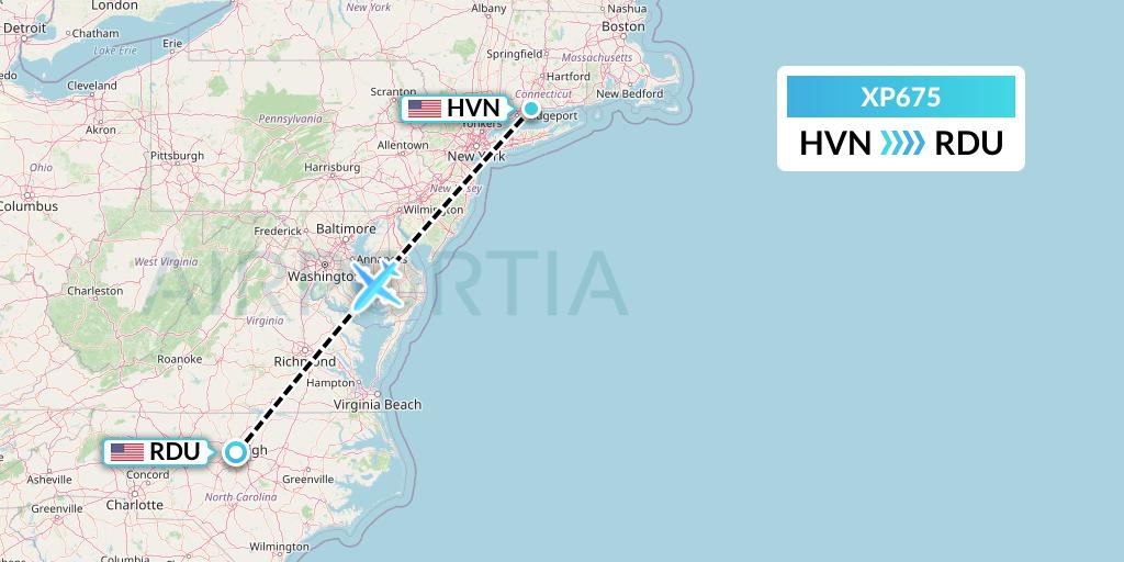 XP675 Avelo Airlines Flight Map: New Haven to Raleigh-Durham