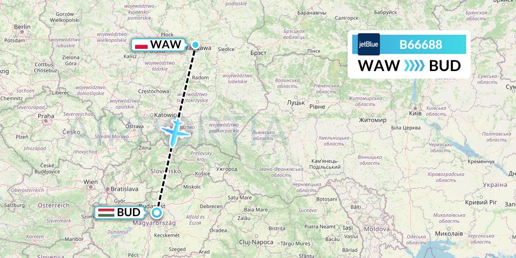 B66688 JetBlue Airways Flight Map: Warsaw to Budapest