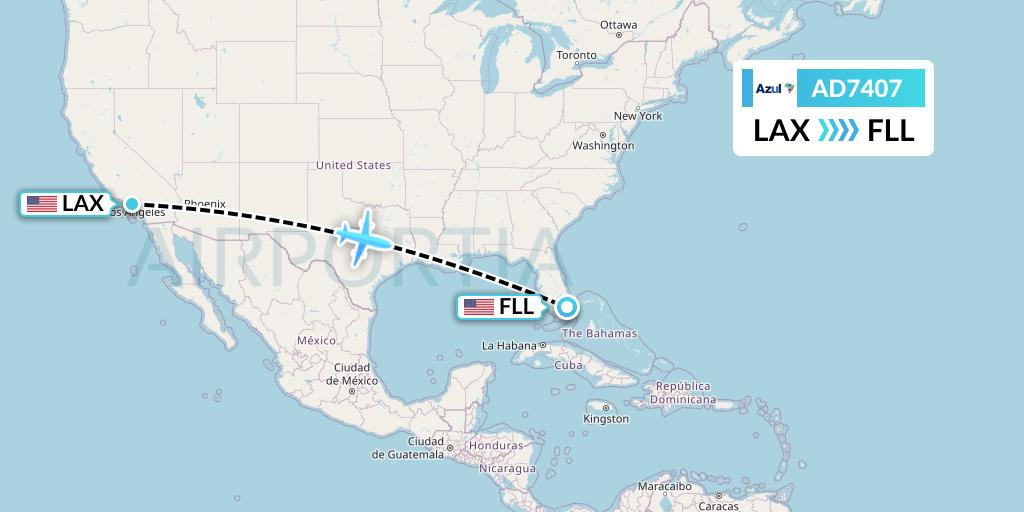 AD7407 Azul Brazilian Airlines Flight Map: Los Angeles to Fort Lauderdale