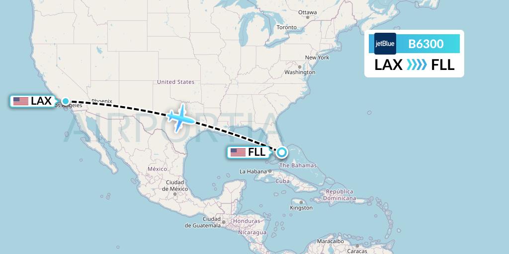 B6300 JetBlue Airways Flight Map: Los Angeles to Fort Lauderdale