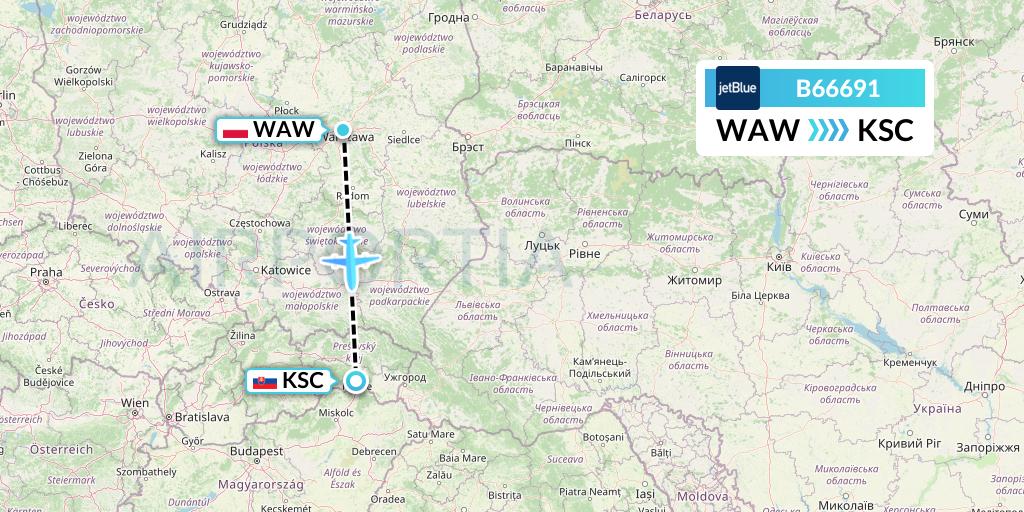 B66691 JetBlue Airways Flight Map: Warsaw to Kosice