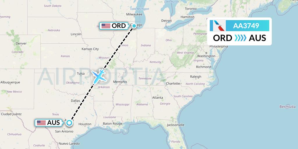 AA3749 American Airlines Flight Map: Chicago to Austin