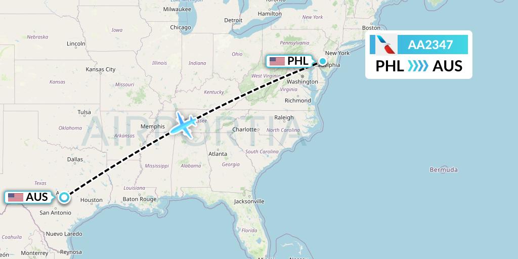 AA2347 American Airlines Flight Map: Philadelphia to Austin