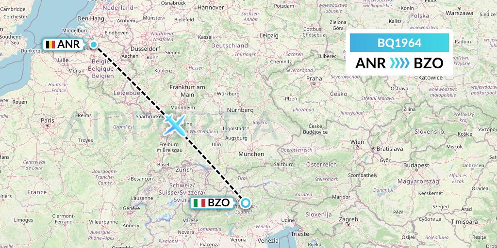BQ1964 Skyalps Flight Map: Antwerp to Bolzano