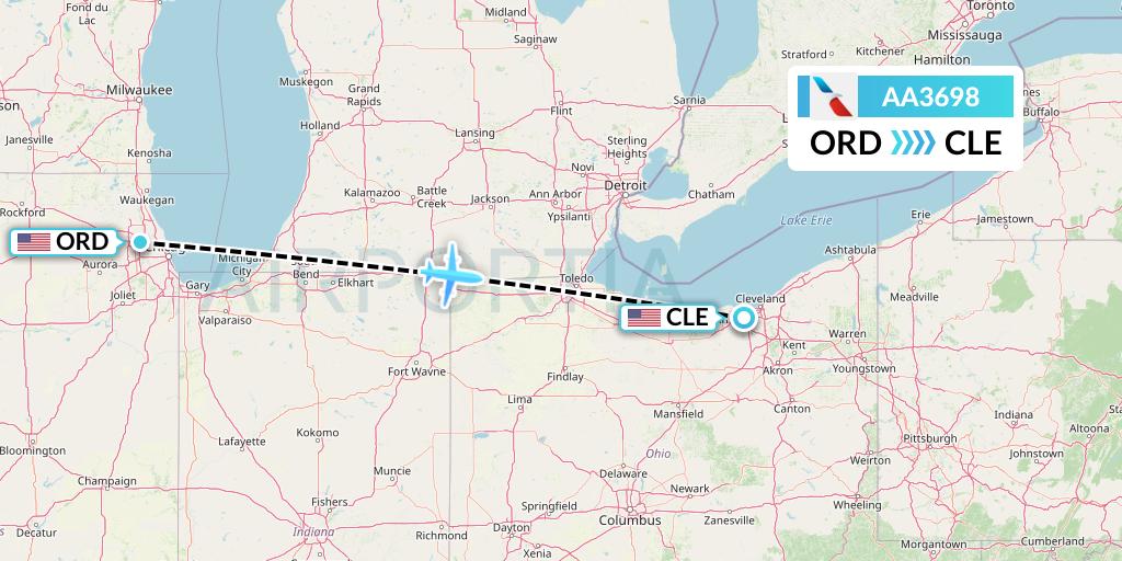 AA3698 American Airlines Flight Map: Chicago to Cleveland