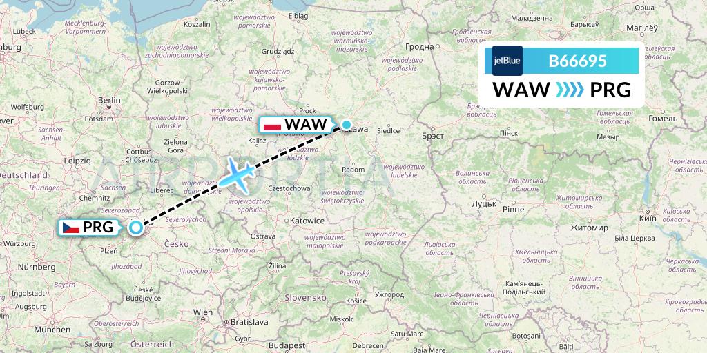 B66695 JetBlue Airways Flight Map: Warsaw to Prague