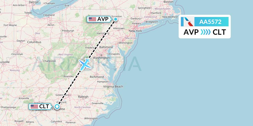AA5572 American Airlines Flight Map: Avoca to Charlotte