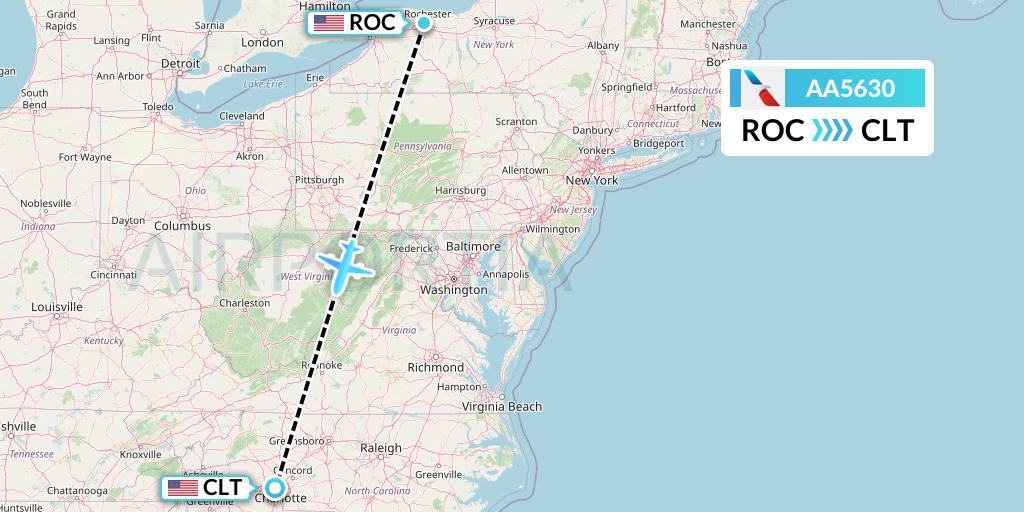 AA5630 American Airlines Flight Map: Rochester to Charlotte
