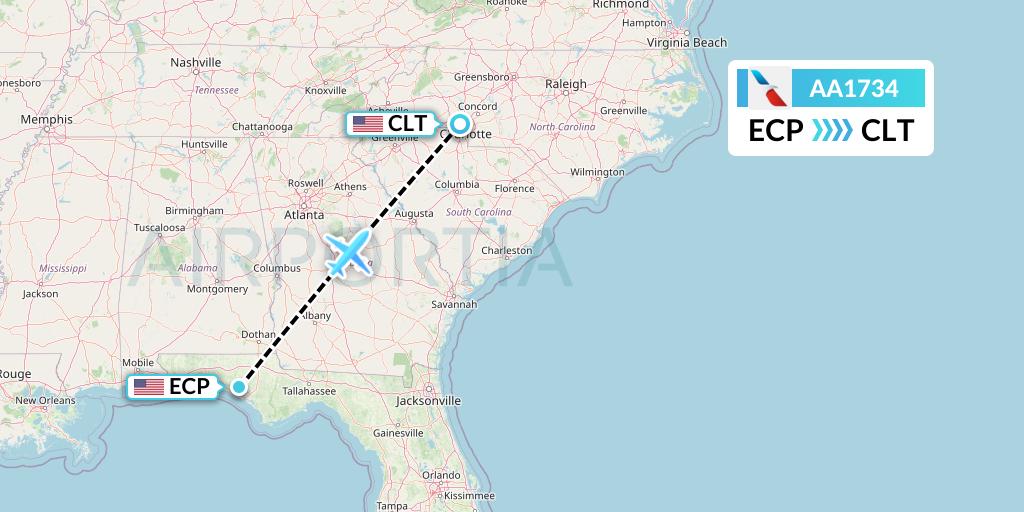 AA1734 American Airlines Flight Map: Panama City to Charlotte