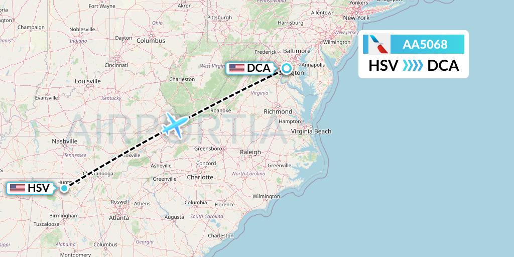 AA5068 American Airlines Flight Map: Huntsville to Washington