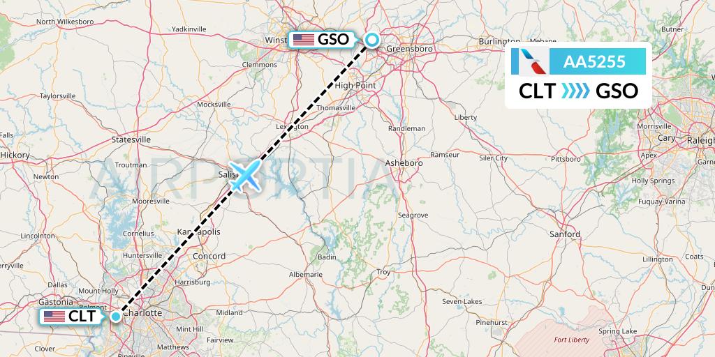 AA5255 American Airlines Flight Map: Charlotte to Greensboro