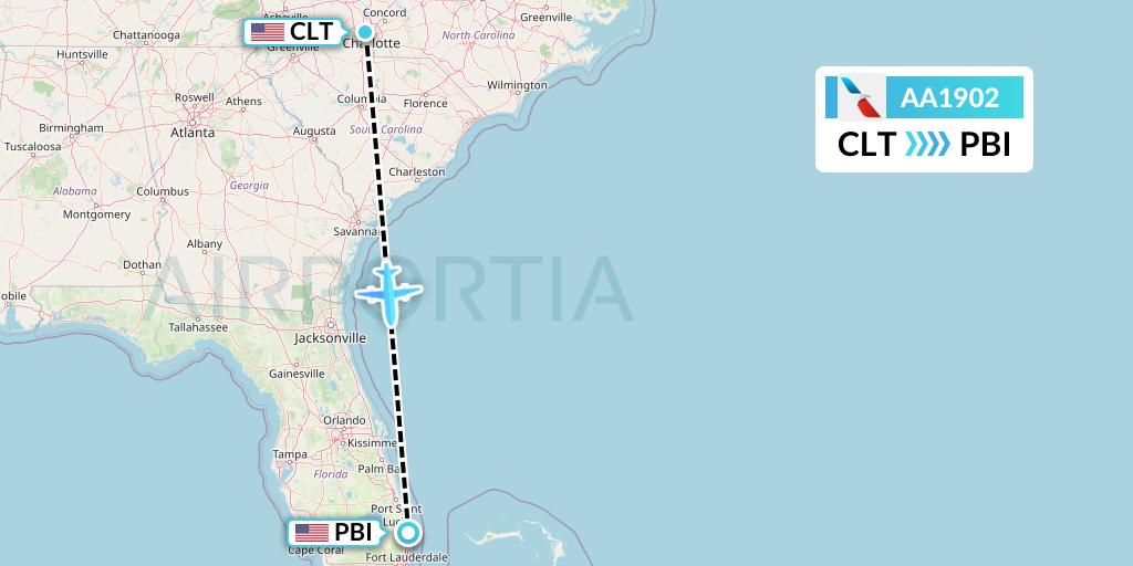 AA1902 American Airlines Flight Map: Charlotte to West Palm Beach