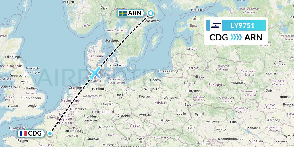 LY9751 El Al Flight Map: Paris to Stockholm