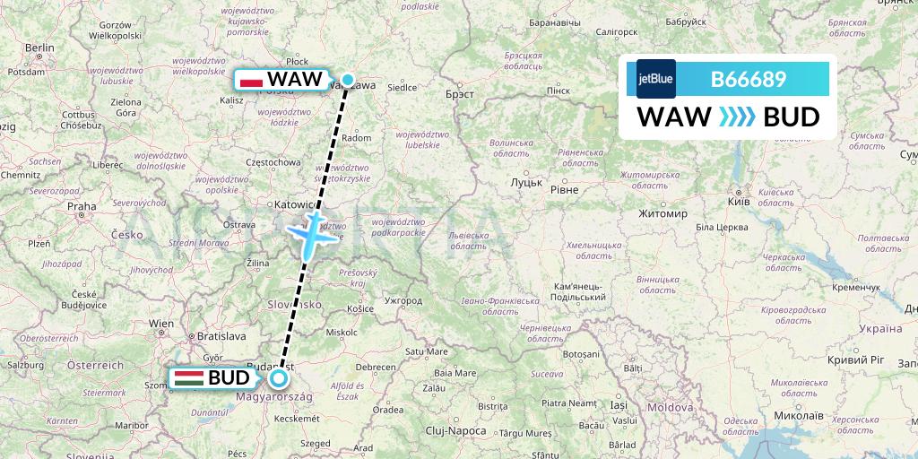 B66689 JetBlue Airways Flight Map: Warsaw to Budapest