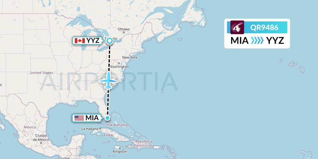 QR9486 Qatar Airways Flight Map: Miami to Toronto