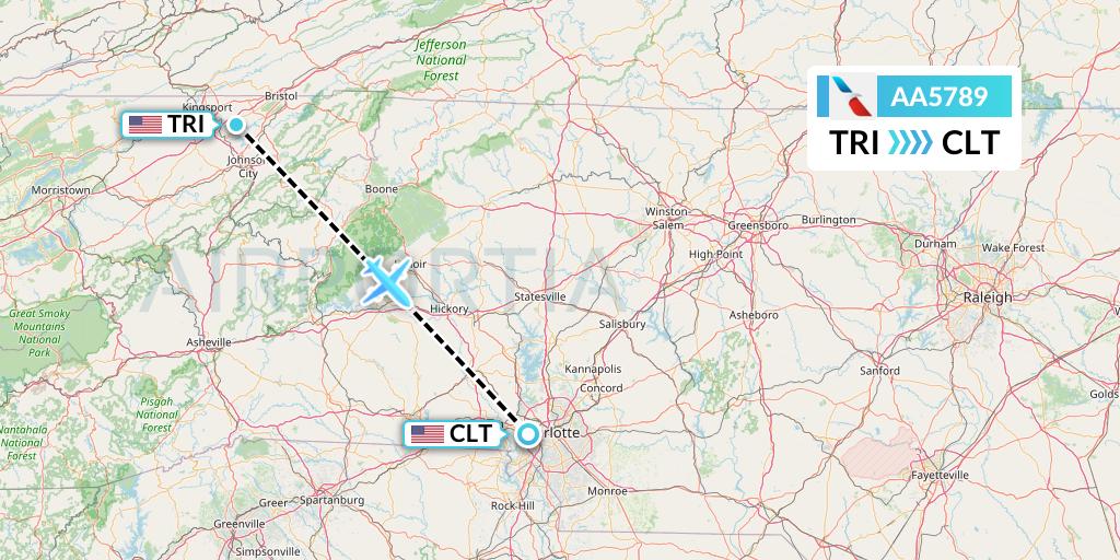 AA5789 American Airlines Flight Map: Blountville to Charlotte