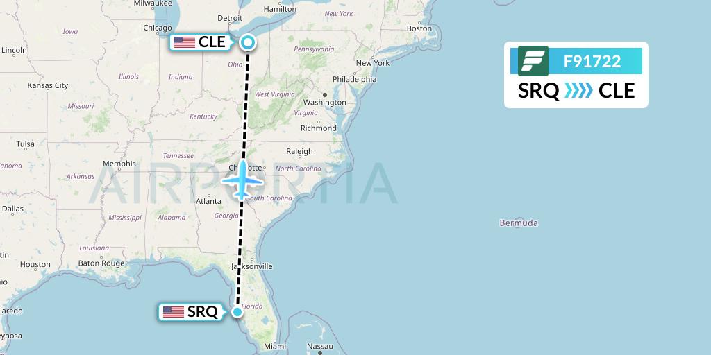 F91722 Frontier Airlines Flight Map: Sarasota to Cleveland