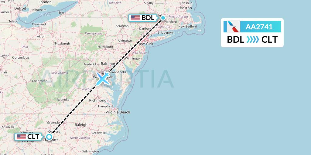 AA2741 American Airlines Flight Map: Windsor Locks to Charlotte