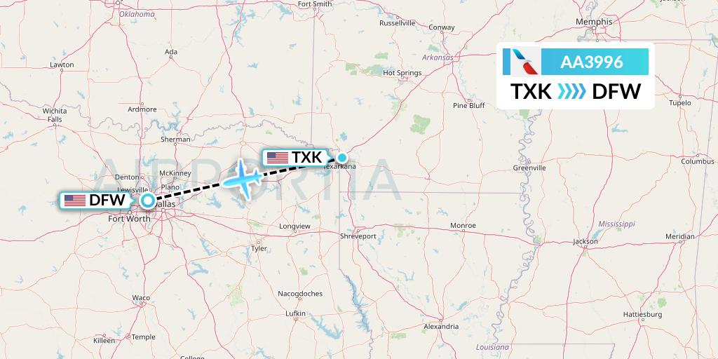 AA3996 American Airlines Flight Map: Texarkana to Dallas