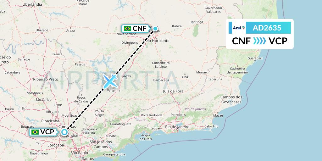 AD2635 Azul Brazilian Airlines Flight Map: Belo Horizonte to Campinas