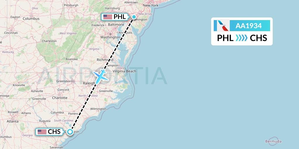 AA1934 American Airlines Flight Map: Philadelphia to Charleston