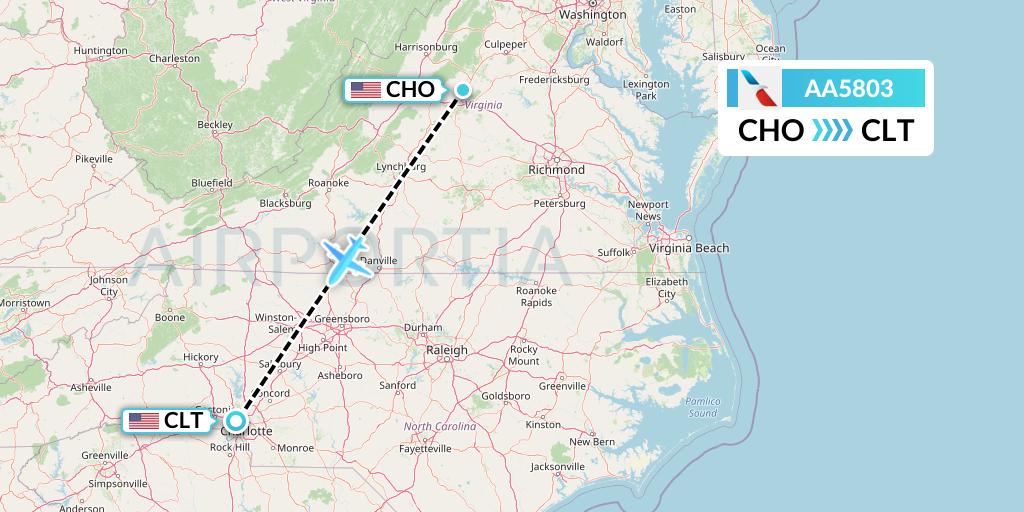 AA5803 American Airlines Flight Map: Charlottesville to Charlotte