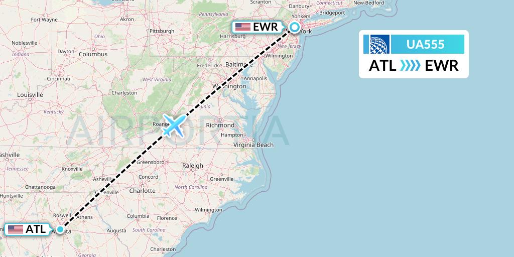 UA555 United Airlines Flight Map: Atlanta to New York