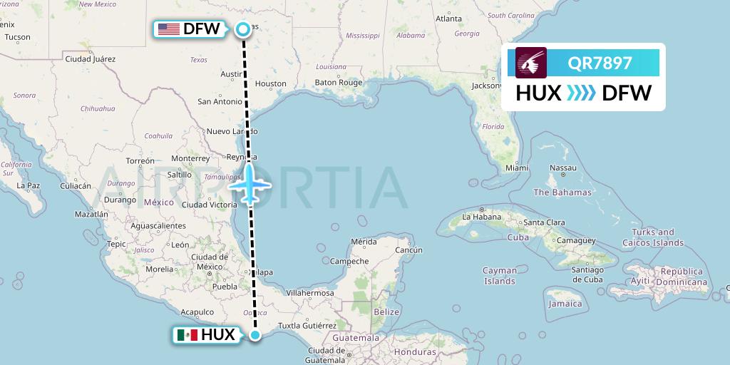 QR7897 Qatar Airways Flight Map: Huatulco to Dallas