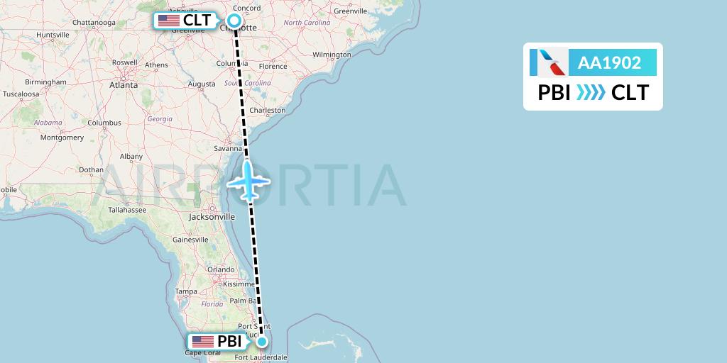 AA1902 American Airlines Flight Map: West Palm Beach to Charlotte