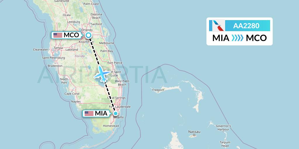 AA2280 American Airlines Flight Map: Miami to Orlando